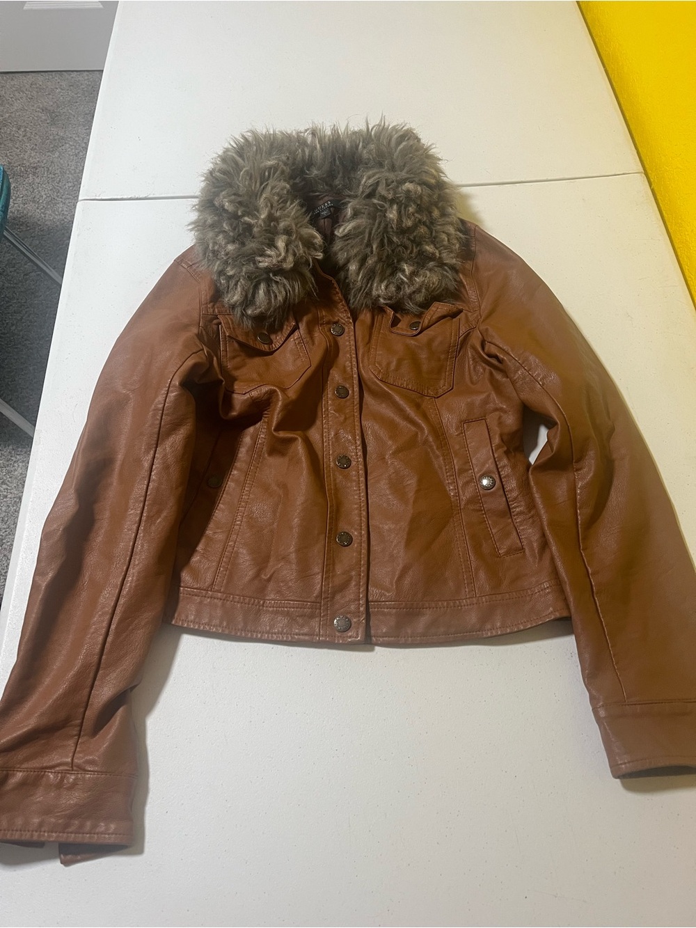 Guess Women's Chestnut Brown Faux Leather Jacket with Faux Fur Collar